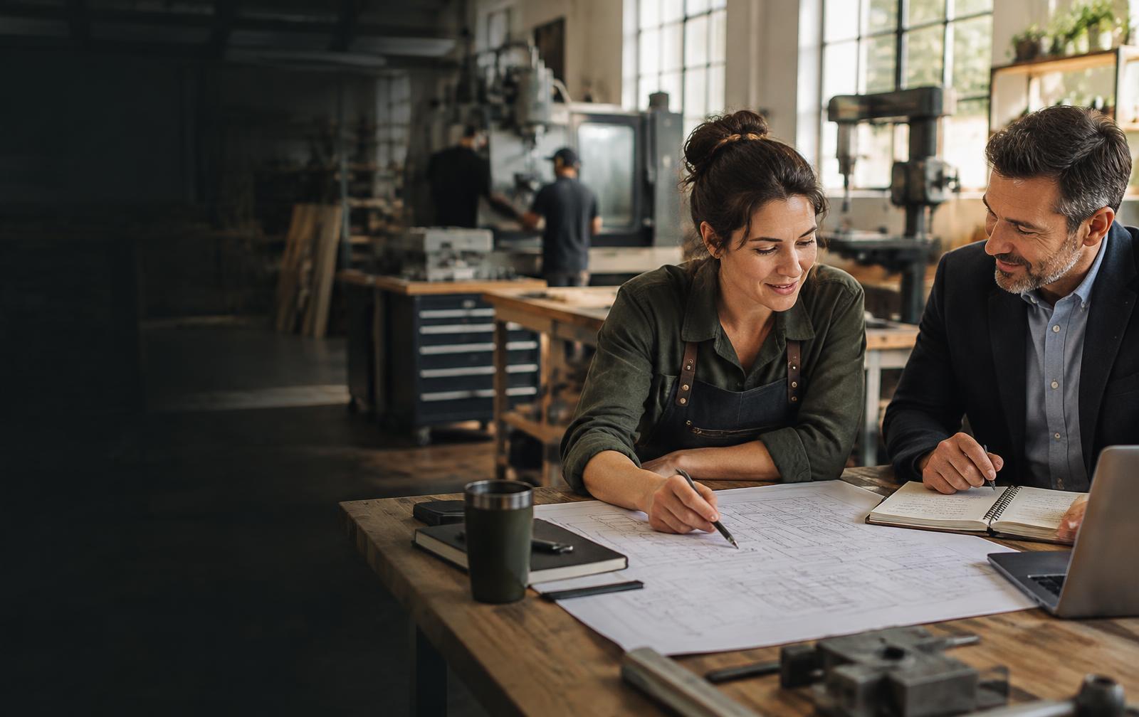 Business owner and advisor reviewing plans in a working shop